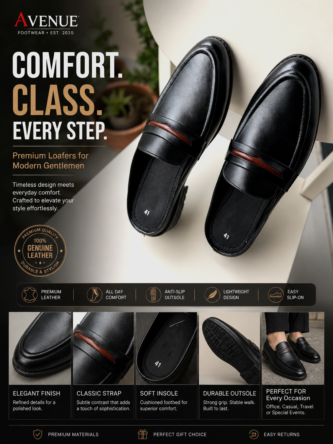 Men's Premium Half Loafers | Genuine Leather Slip-On Shoes