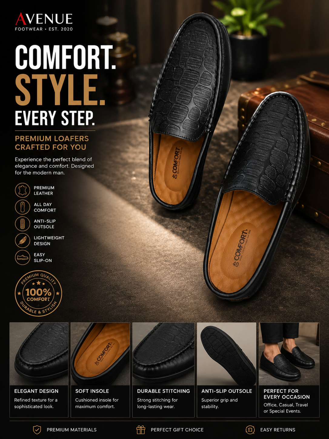 Men's Premium Half Loafers | Genuine Leather Slip-On Shoes