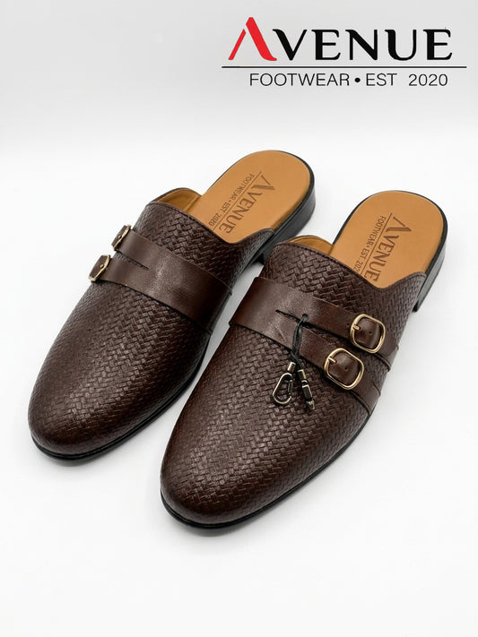 AVENUE Men's Handcrafted Brown Textured Leather Mules| Half Loafer