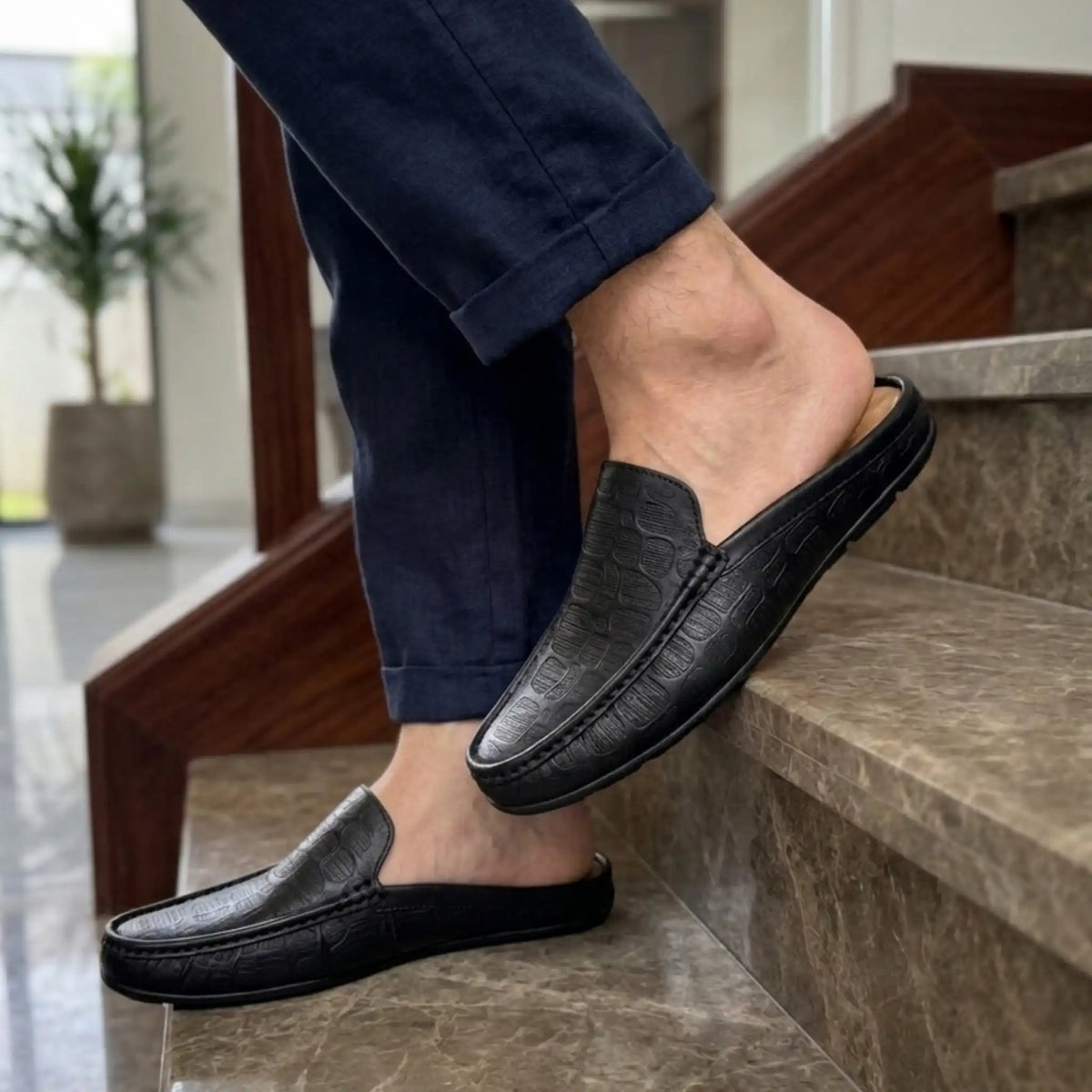 Men's Premium Half Loafers | Genuine Leather Crocodile Black_100101